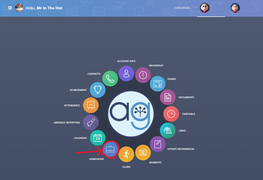 A view of the Edulink homescreen, highlighting the blue tile labelled "Homework" that is used to access the Homework view.