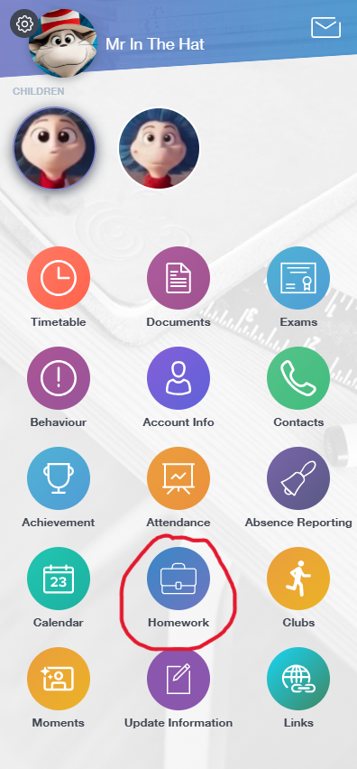 A view of the Edulink homescreen, highlighting the blue tile labelled "Homework" that is used to access the Homework view.
