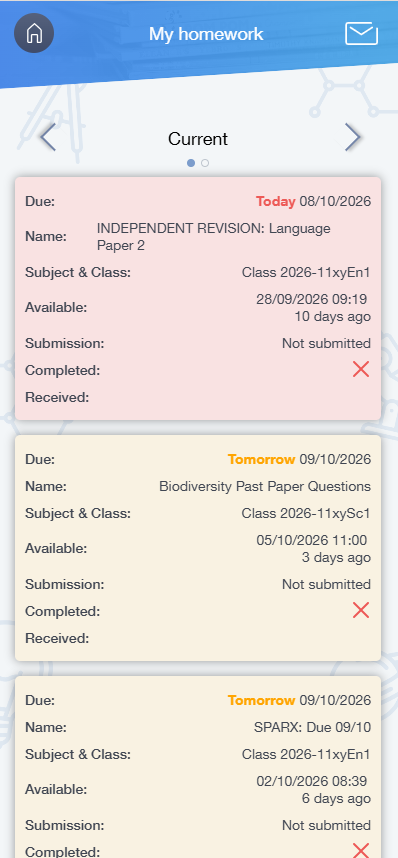 A screenshot of the Current Homework view, which shows a variety of homework pieces with their due dates, highlighting pieces that are near or due hand-in