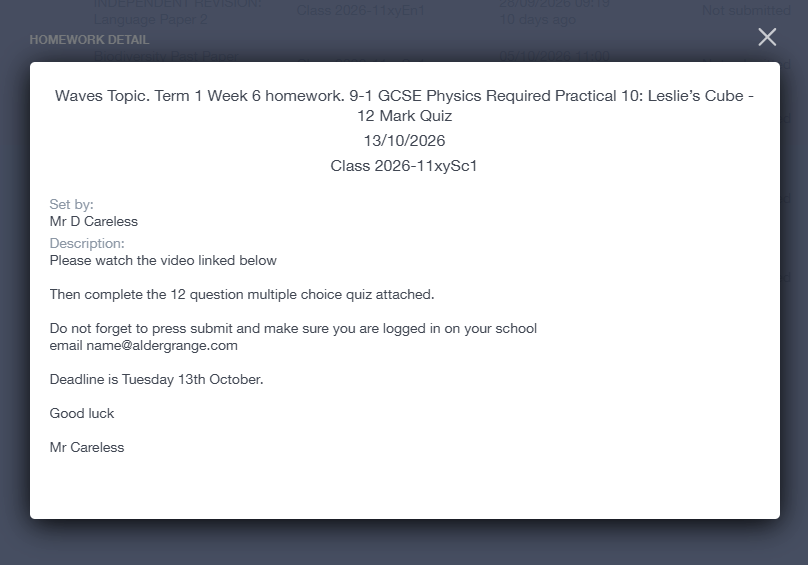 A view of a homework task, with details of which teacher has set it, and the description of the task.