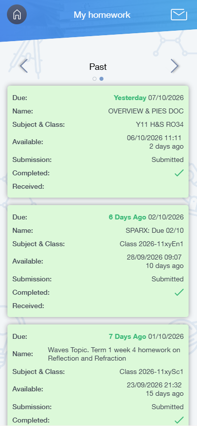 A screenshot of the Past Homework view, which shows a variety of homework pieces with their due dates, highlighting pieces that have been handed in or not.
