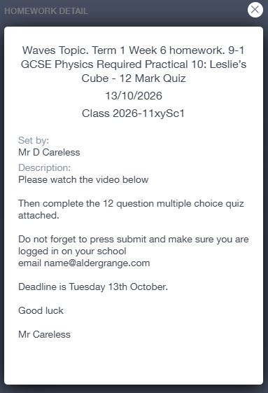 A view of a homework task, with details of which teacher has set it, and the description of the task.